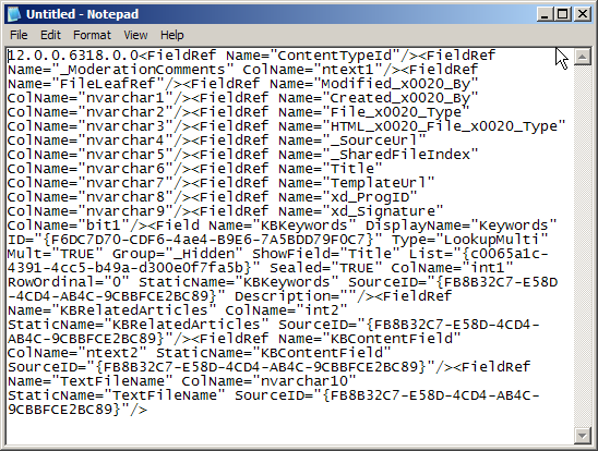 Contents of the tp_Fields column for the Knowledge Base template